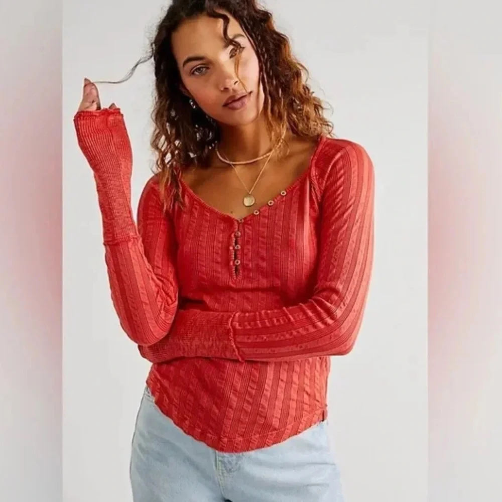 NEW Free People We the Free Wild Hearts Long Sleeve Button Ribbed Henley Rust